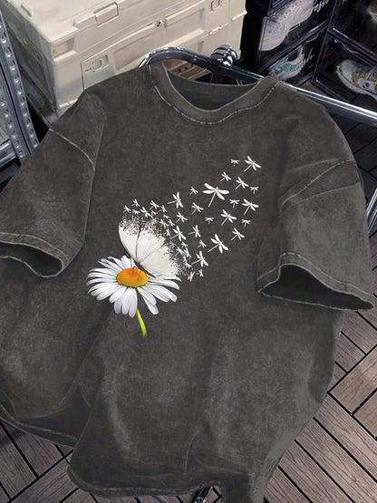 Cotton Washed Vintage Washed Vintage Washed Flower Print Loose Round Neck Fashion Women's Wash Short Sleeve. Summer Tops Free People Inspired Clothe