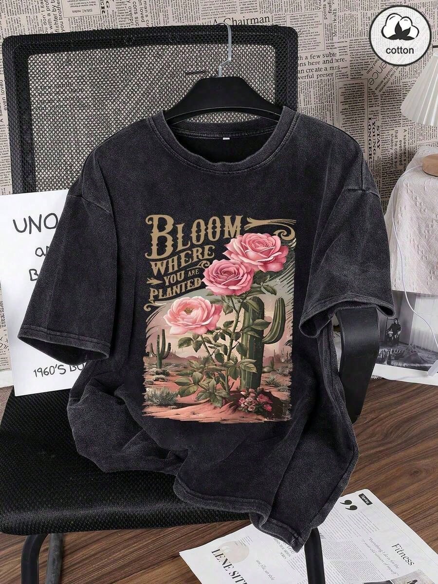 Cotton, Summer Women's Fun Printed Hip-Hop "Desert Cactus Flower Letters" Personalized Flower Pattern Desert Printed Street, Korean Version Comfort