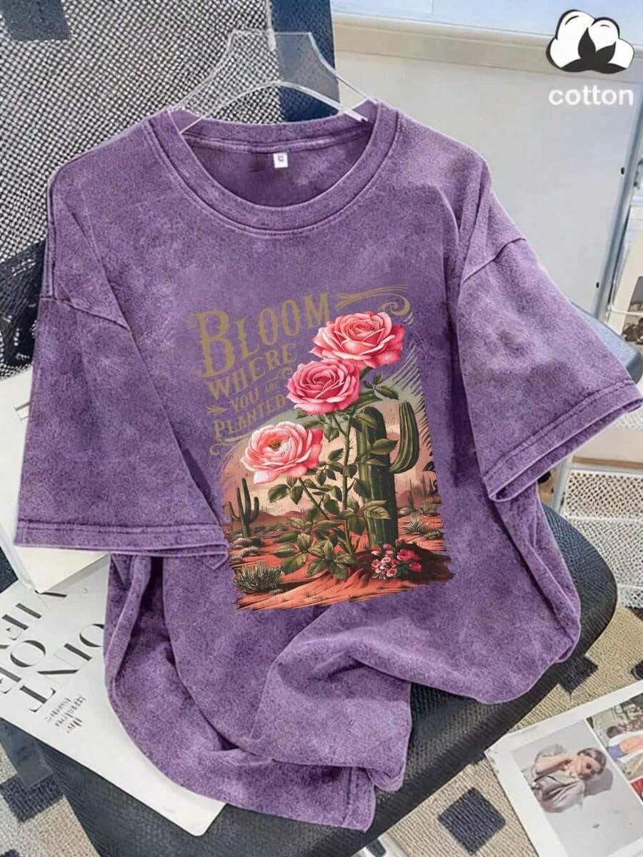 Cotton, Summer Women's Fun Printed Hip-Hop "Desert Cactus Flower Letters" Personalized Flower Pattern Desert Printed Street, Korean Version Comfort