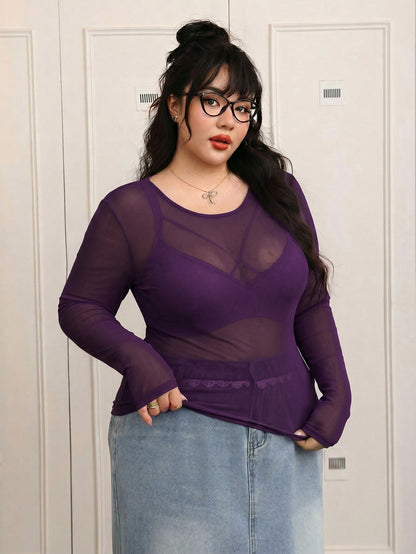 CovetEZ Plus-Size Women's Black Sexy See-Through Lace Top, Suitable For Layering Or Wearing Alone.
