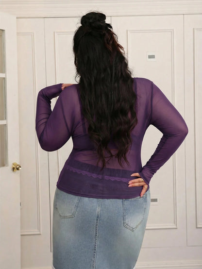 CovetEZ Plus-Size Women's Black Sexy See-Through Lace Top, Suitable For Layering Or Wearing Alone.
