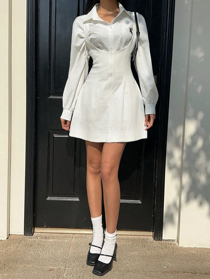 CovetEZ Women Summer Solid Zipper Front Casual Minimalist Elegant Versatile Jumper Dress White,Tea Party Garden Party Date Graduation Dress,Business Wedding