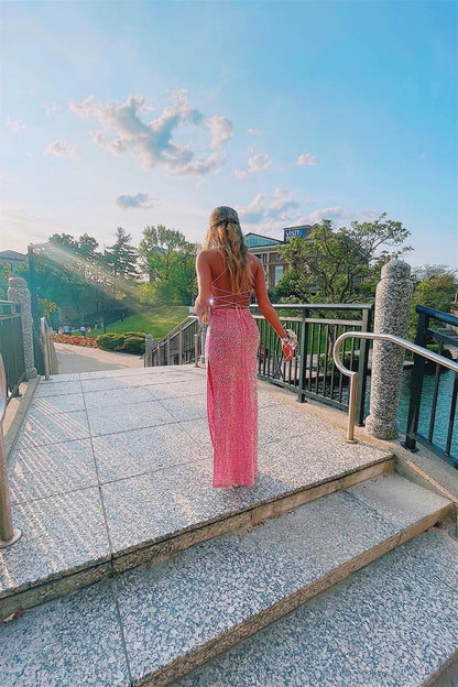 Cowl Neck Pink Sequin Mermaid Long Formal Dress with Slit