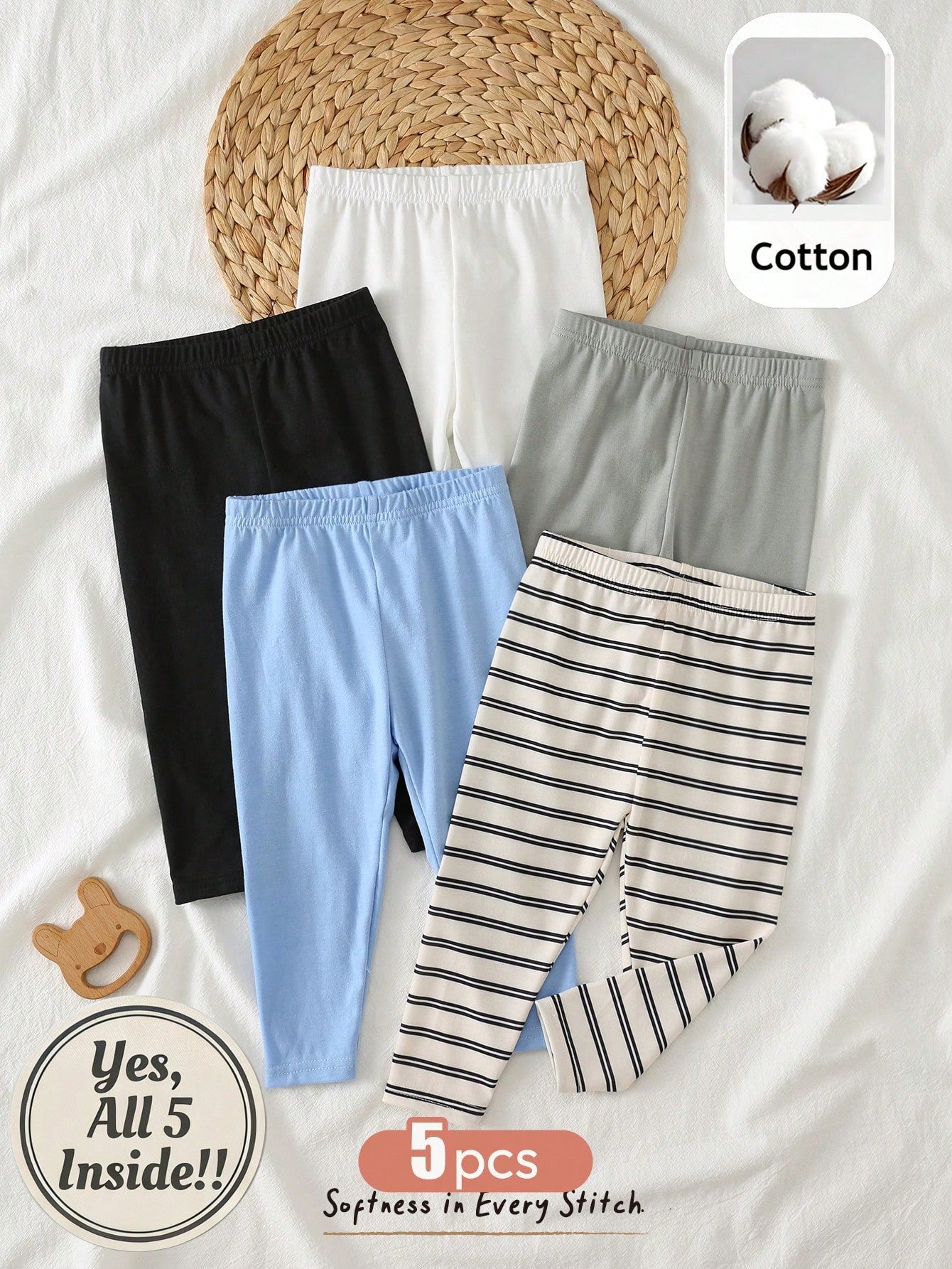 Cozy Pixies 5pcs Baby Boy Soft Knit Elastic Waist Pants, Versatile & Comfortable
