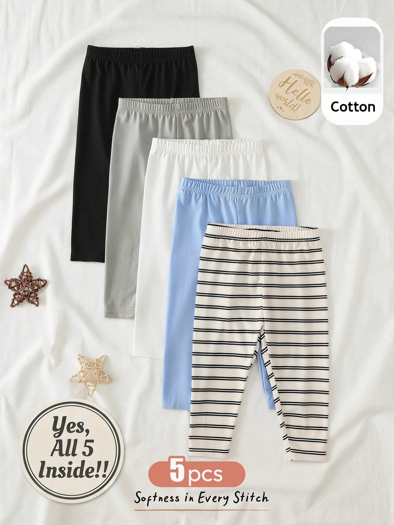 Cozy Pixies 5pcs Baby Boy Soft Knit Elastic Waist Pants, Versatile & Comfortable