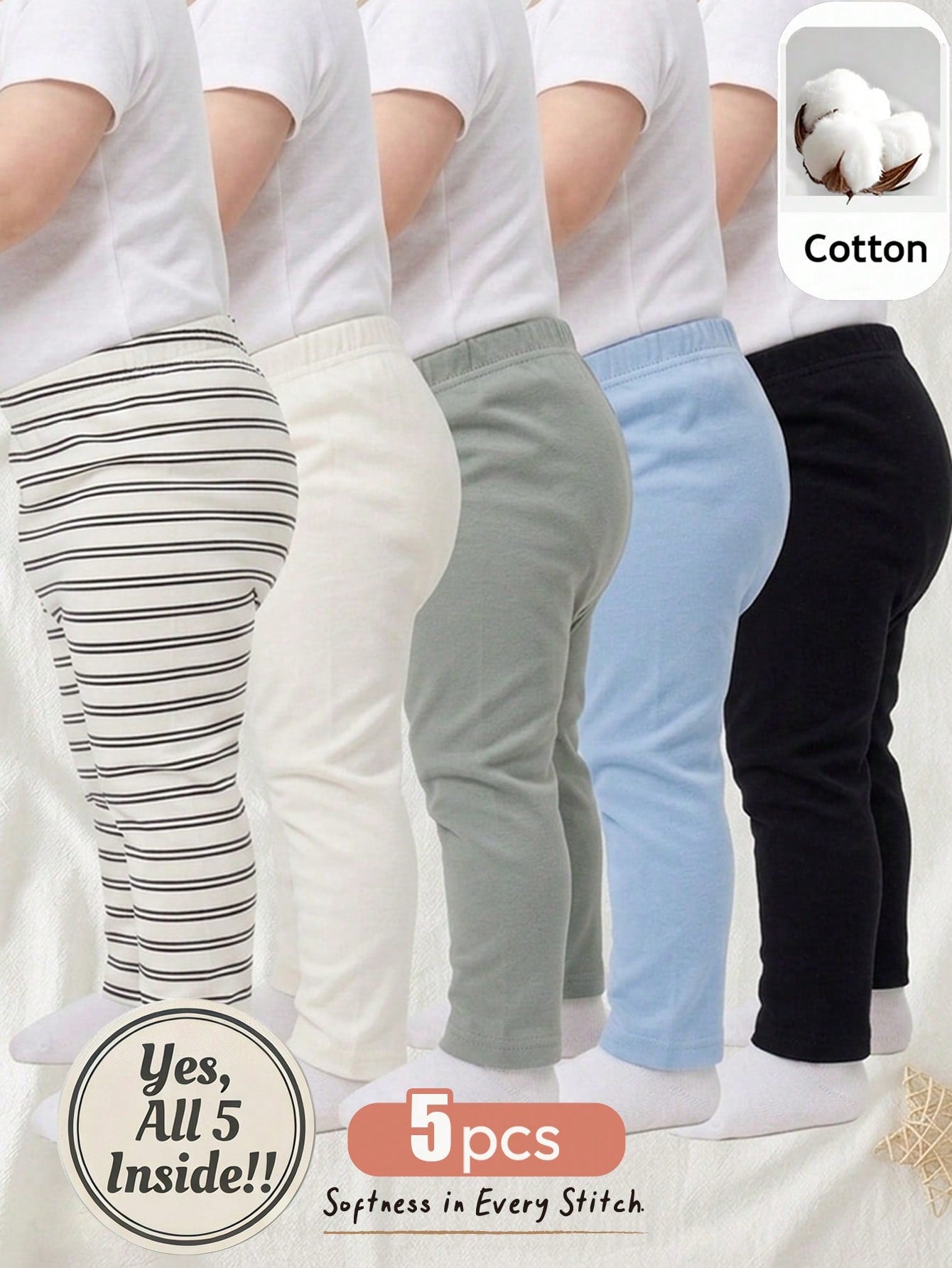 Cozy Pixies 5pcs Baby Boy Soft Knit Elastic Waist Pants, Versatile & Comfortable