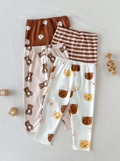 Cozy Pixies Baby Boy 4 Random Pieces Minimalist Cute Bear Print Brown Striped Leggings Tights Back To School Festival Outfits Halloween Winter Autumn