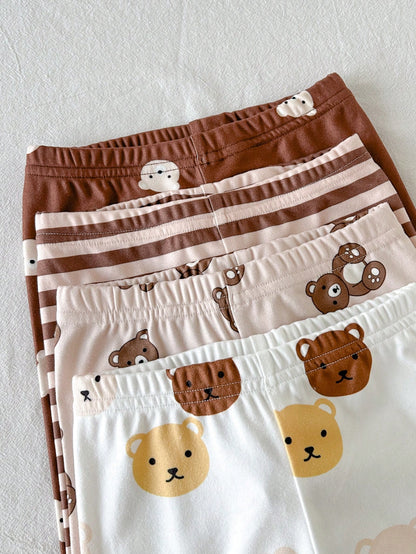 Cozy Pixies Baby Boy 4 Random Pieces Minimalist Cute Bear Print Brown Striped Leggings Tights Back To School Festival Outfits Halloween Winter Autumn