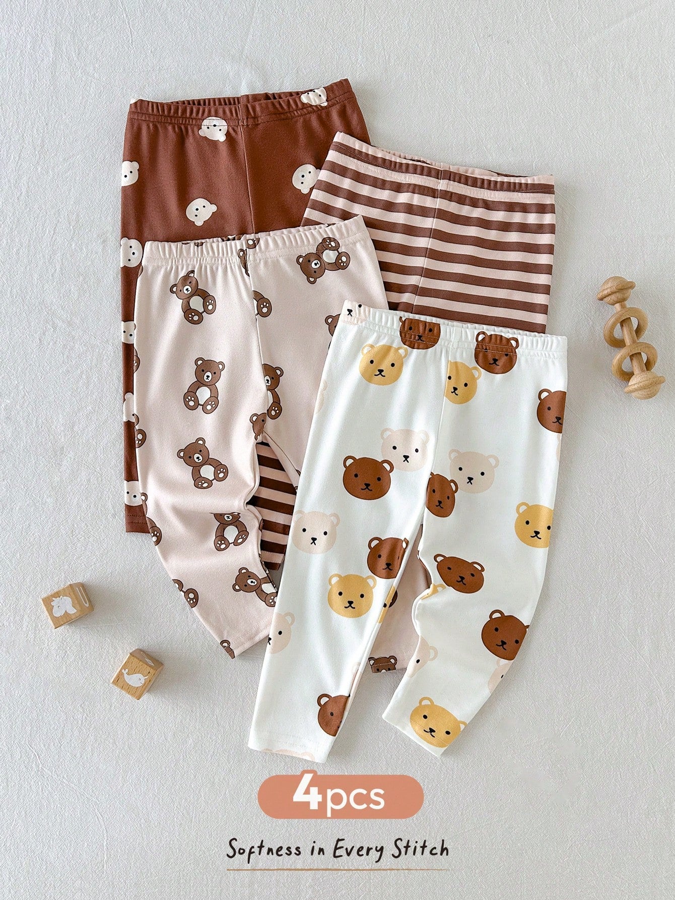 Cozy Pixies Baby Boy 4 Random Pieces Minimalist Cute Bear Print Brown Striped Leggings Tights Back To School Festival Outfits Halloween Winter Autumn
