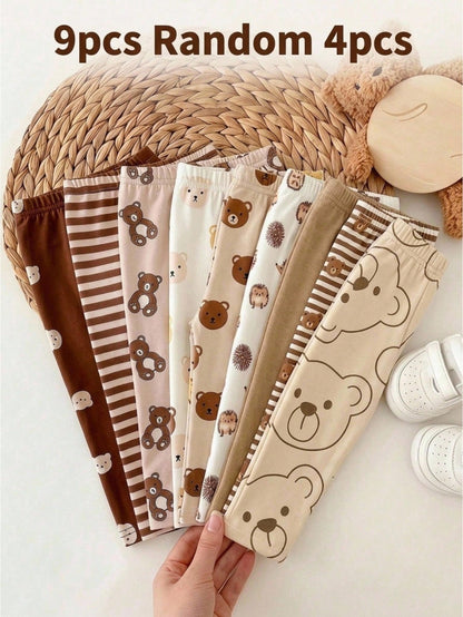 Cozy Pixies Baby Boy 4 Random Pieces Minimalist Cute Bear Print Brown Striped Leggings Tights Back To School Festival Outfits Halloween Winter Autumn