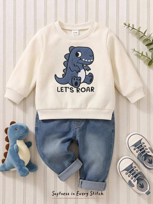 Cozy Pixies Baby Boy Dinosaur Applique Sweatshirt & Denim Jeans 2-Piece Set, Cream Round Neck Dinosaur Applique Sweatshirt & Denim Long Pants, Skin-Friendly Soft Fabric, Cute Casual Style Baby Outfit