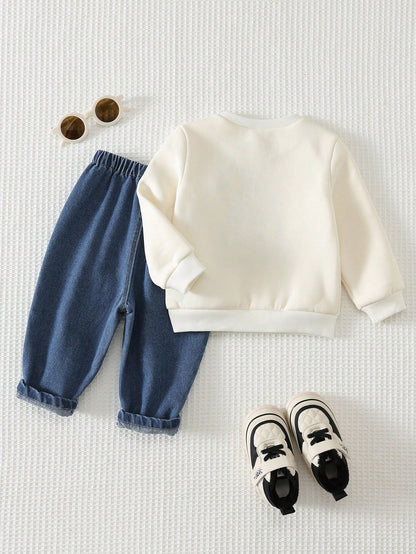 Cozy Pixies Baby Boy Dinosaur Applique Sweatshirt & Denim Jeans 2-Piece Set, Cream Round Neck Dinosaur Applique Sweatshirt & Denim Long Pants, Skin-Friendly Soft Fabric, Cute Casual Style Baby Outfit