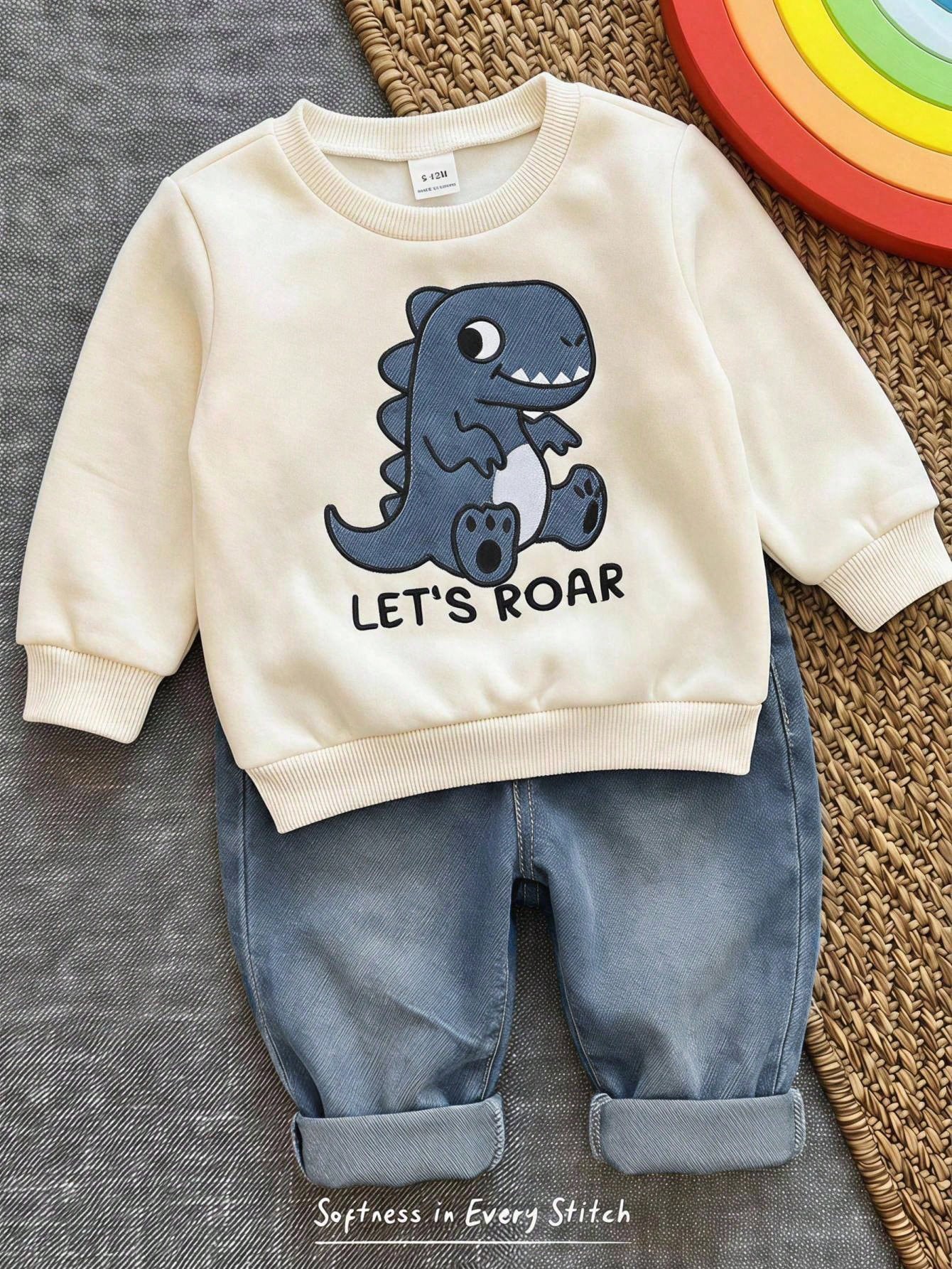 Cozy Pixies Baby Boy Dinosaur Applique Sweatshirt & Denim Jeans 2-Piece Set, Cream Round Neck Dinosaur Applique Sweatshirt & Denim Long Pants, Skin-Friendly Soft Fabric, Cute Casual Style Baby Outfit