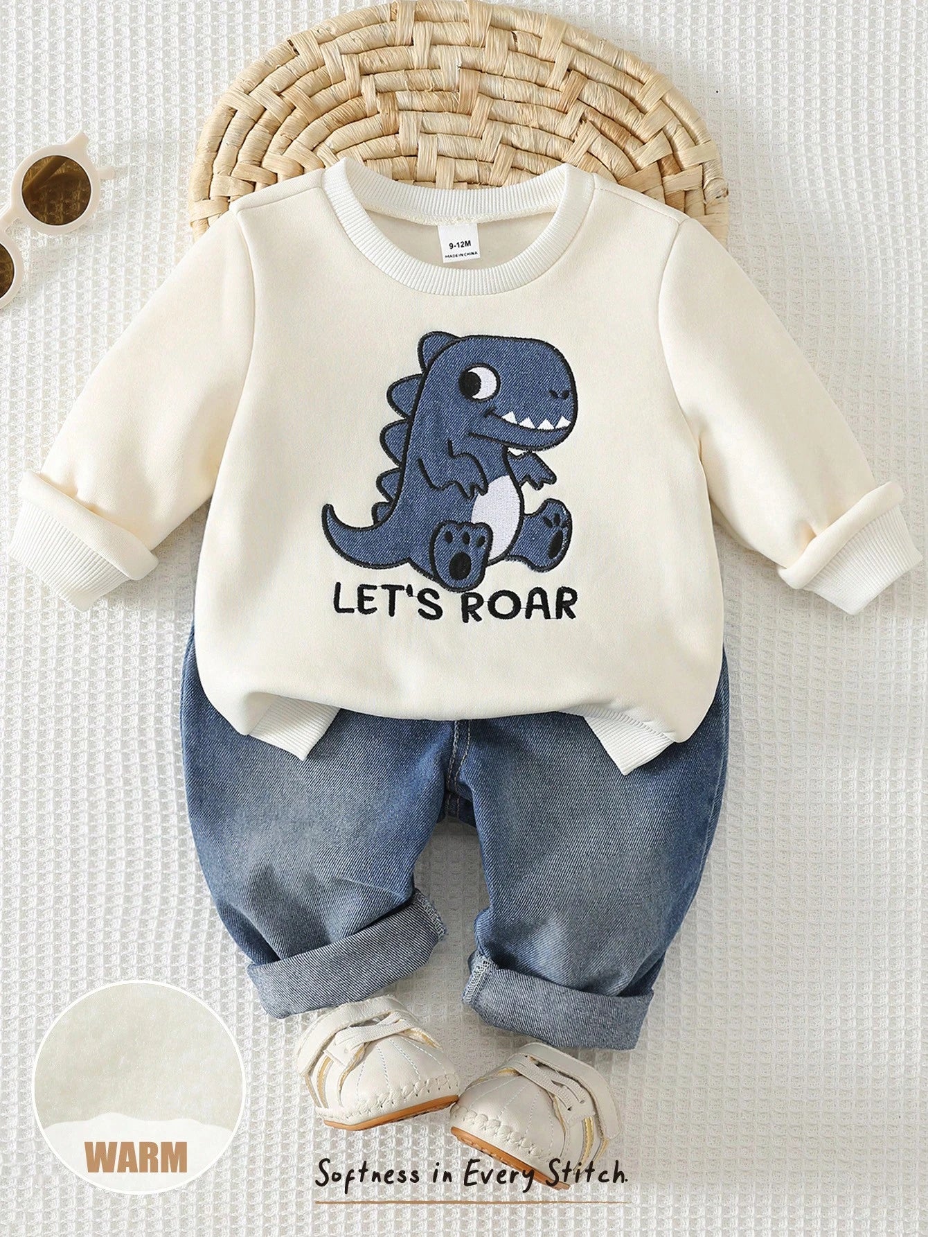Cozy Pixies Baby Boy Dinosaur Applique Sweatshirt & Denim Jeans 2-Piece Set, Cream Round Neck Dinosaur Applique Sweatshirt & Denim Long Pants, Skin-Friendly Soft Fabric, Cute Casual Style Baby Outfit
