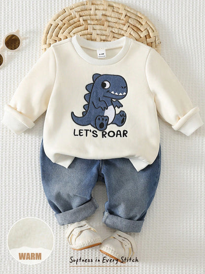 Cozy Pixies Baby Boy Dinosaur Applique Sweatshirt & Denim Jeans 2-Piece Set, Cream Round Neck Dinosaur Applique Sweatshirt & Denim Long Pants, Skin-Friendly Soft Fabric, Cute Casual Style Baby Outfit
