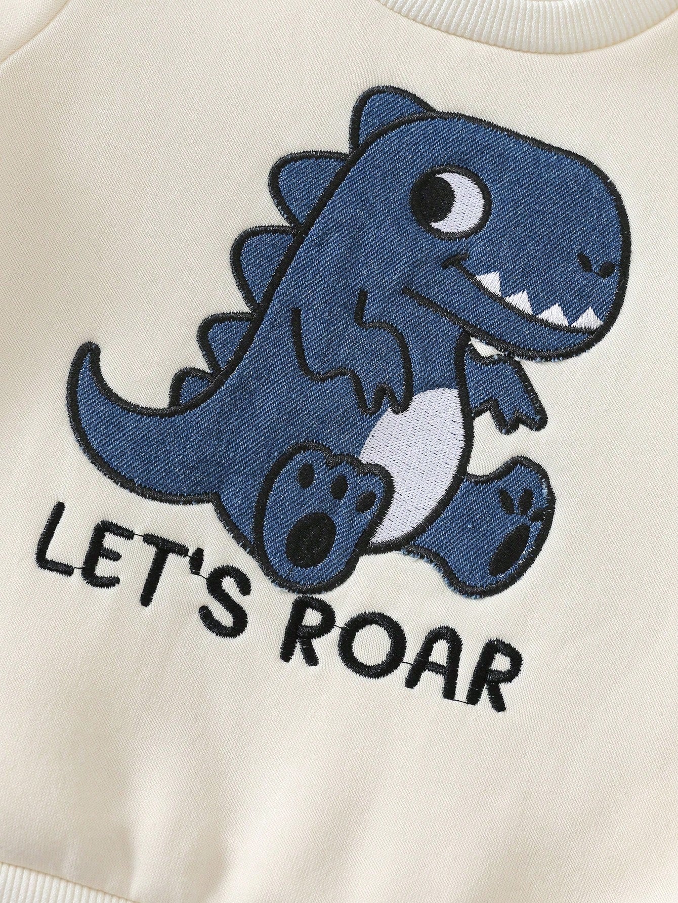 Cozy Pixies Baby Boy Dinosaur Applique Sweatshirt & Denim Jeans 2-Piece Set, Cream Round Neck Dinosaur Applique Sweatshirt & Denim Long Pants, Skin-Friendly Soft Fabric, Cute Casual Style Baby Outfit