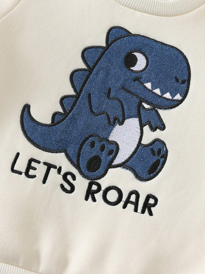 Cozy Pixies Baby Boy Dinosaur Applique Sweatshirt & Denim Jeans 2-Piece Set, Cream Round Neck Dinosaur Applique Sweatshirt & Denim Long Pants, Skin-Friendly Soft Fabric, Cute Casual Style Baby Outfit