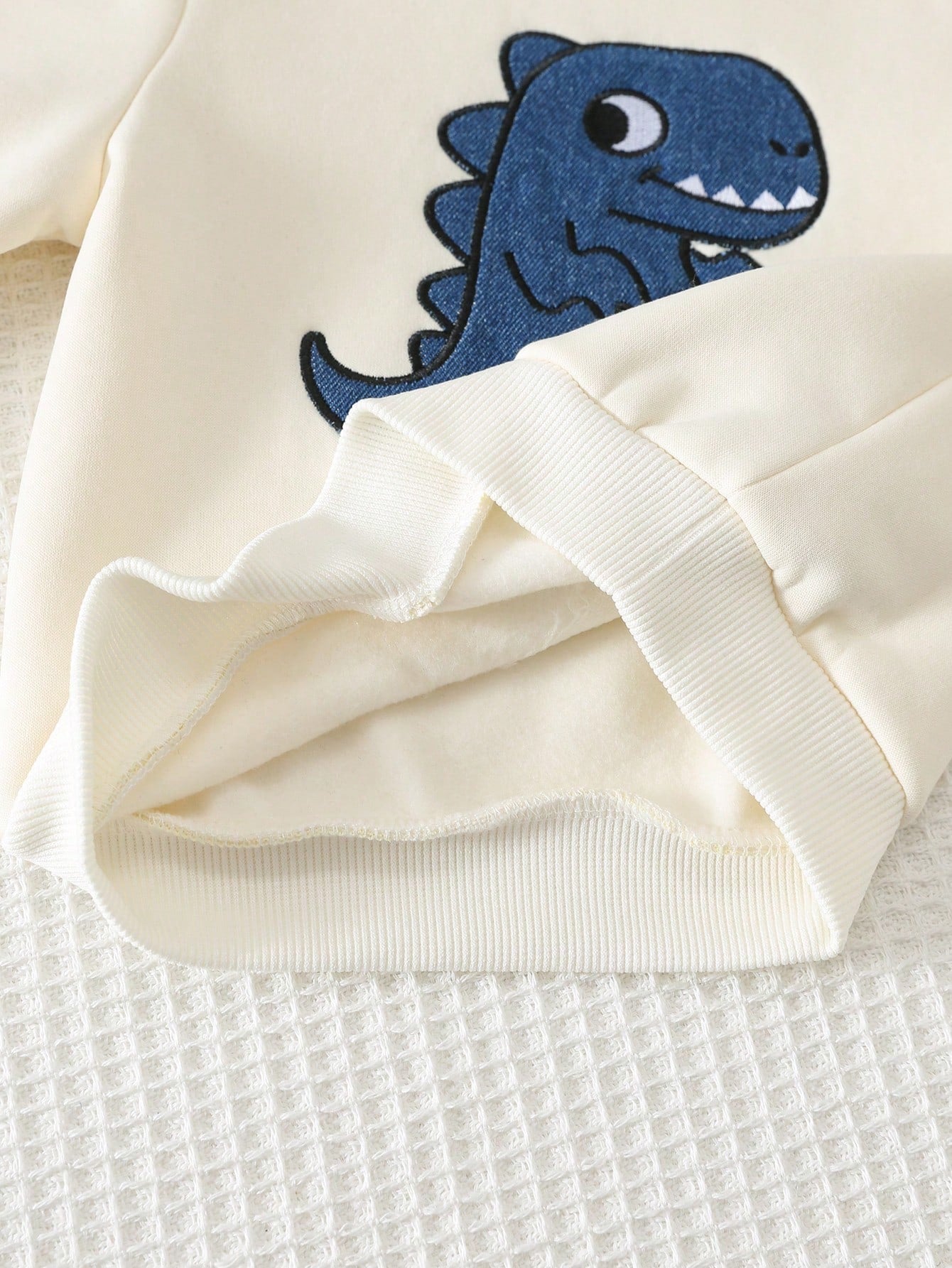 Cozy Pixies Baby Boy Dinosaur Applique Sweatshirt & Denim Jeans 2-Piece Set, Cream Round Neck Dinosaur Applique Sweatshirt & Denim Long Pants, Skin-Friendly Soft Fabric, Cute Casual Style Baby Outfit