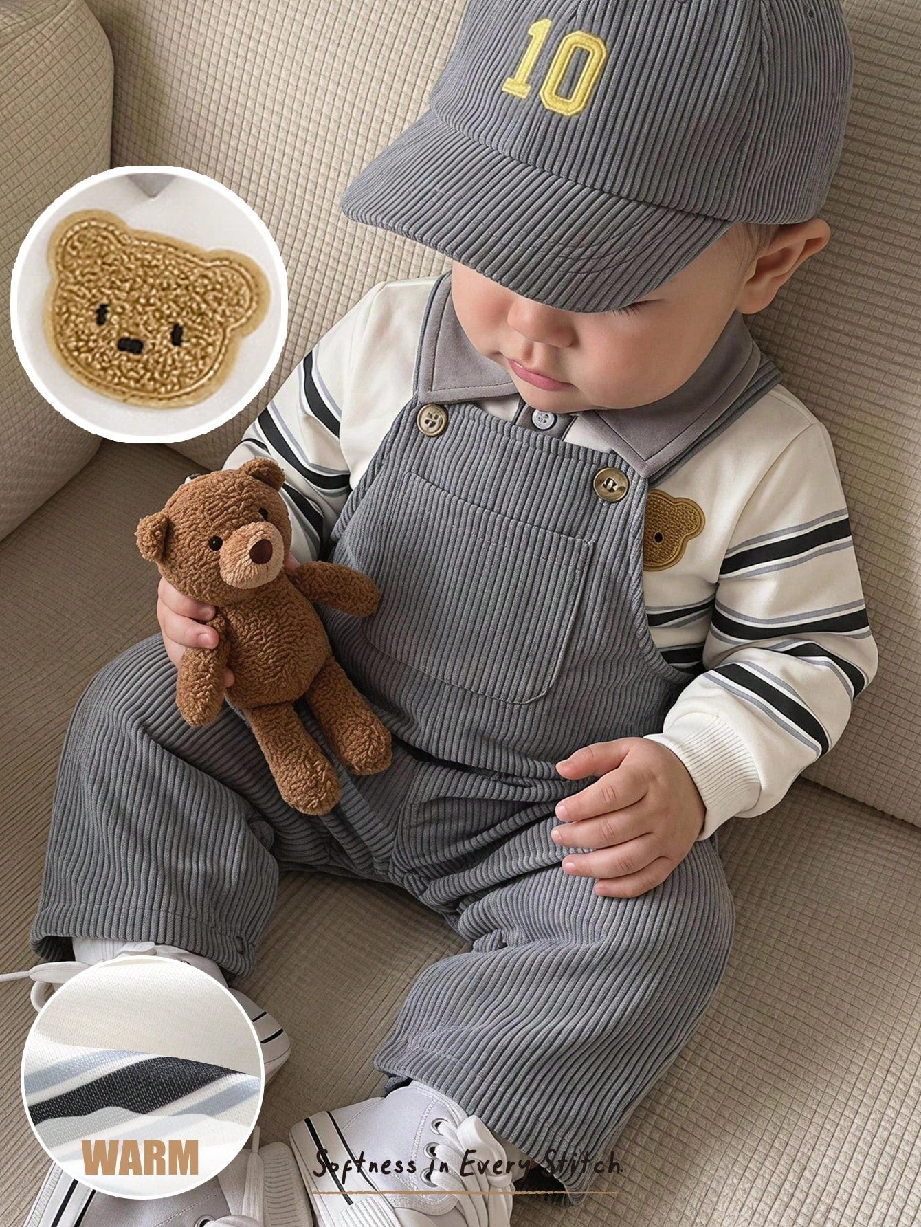 Cozy Pixies Baby Boys Fleece Lined Apricot Sweatshirt Knit Top And Grey Corduroy Overall Pants Set, Comfortable Versatile Fashionable Daily Cute Casual Minimalist All-Match Style, Suitable For Indoor