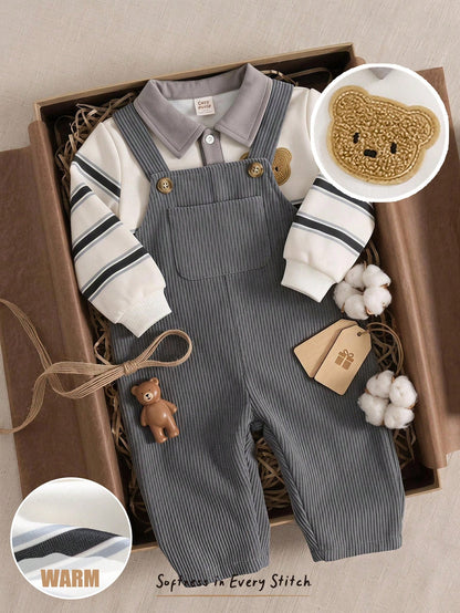 Cozy Pixies Baby Boys Fleece Lined Apricot Sweatshirt Knit Top And Grey Corduroy Overall Pants Set, Comfortable Versatile Fashionable Daily Cute Casual Minimalist All-Match Style, Suitable For Indoor