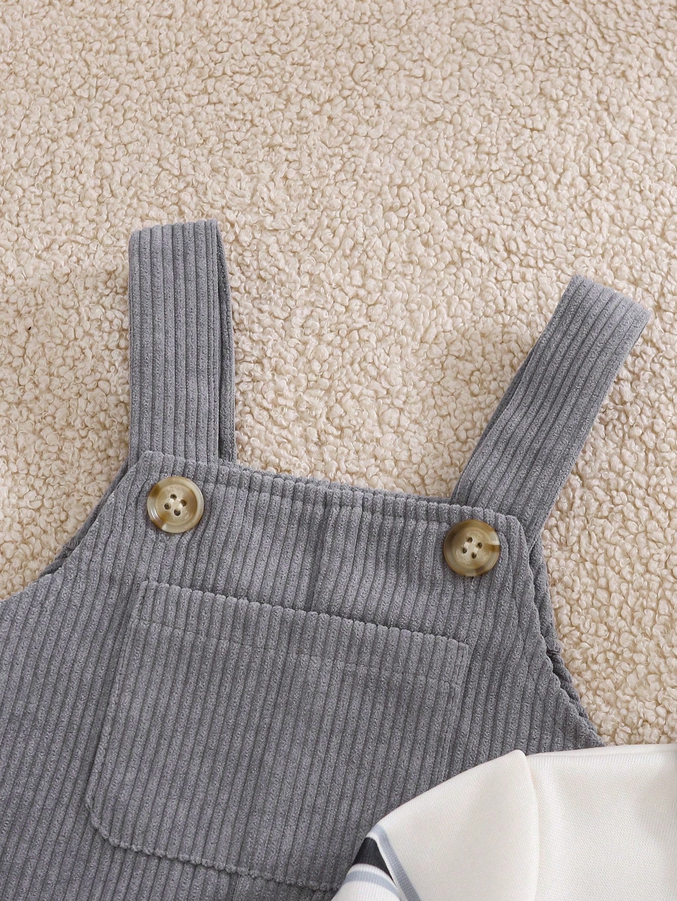 Cozy Pixies Baby Boys Fleece Lined Apricot Sweatshirt Knit Top And Grey Corduroy Overall Pants Set, Comfortable Versatile Fashionable Daily Cute Casual Minimalist All-Match Style, Suitable For Indoor