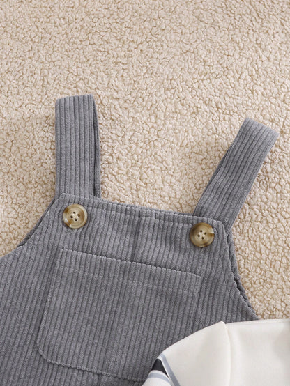 Cozy Pixies Baby Boys Fleece Lined Apricot Sweatshirt Knit Top And Grey Corduroy Overall Pants Set, Comfortable Versatile Fashionable Daily Cute Casual Minimalist All-Match Style, Suitable For Indoor