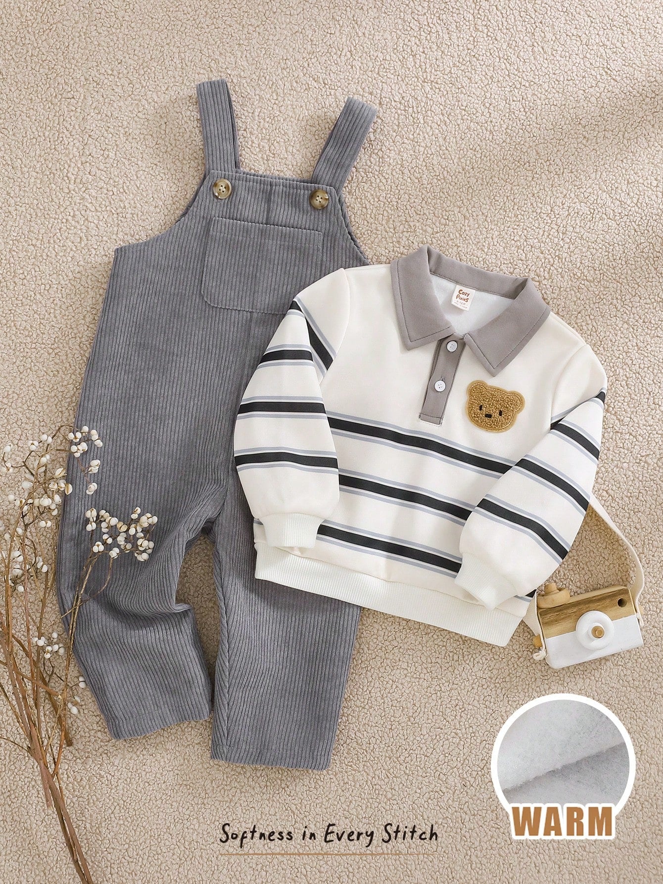 Cozy Pixies Baby Boys Fleece Lined Apricot Sweatshirt Knit Top And Grey Corduroy Overall Pants Set, Comfortable Versatile Fashionable Daily Cute Casual Minimalist All-Match Style, Suitable For Indoor