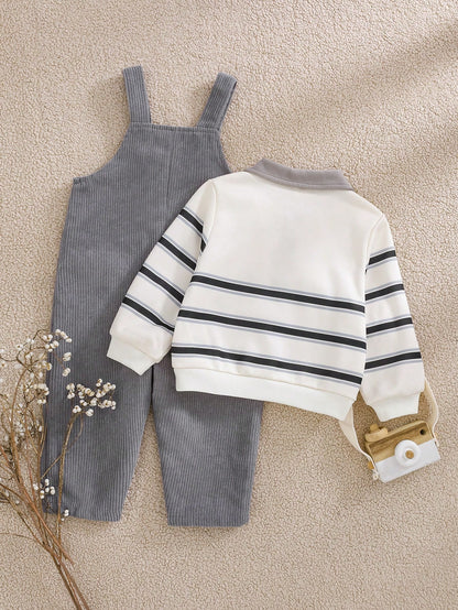 Cozy Pixies Baby Boys Fleece Lined Apricot Sweatshirt Knit Top And Grey Corduroy Overall Pants Set, Comfortable Versatile Fashionable Daily Cute Casual Minimalist All-Match Style, Suitable For Indoor