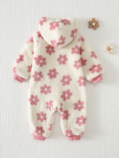 Cozy Pixies Baby Girl Floral Pattern Thermal Lined Thick Hooded Long Sleeve Winter Jumpsuit, Versatile And Comfortable