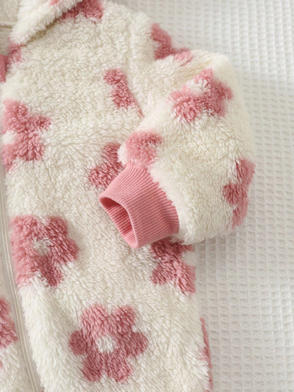 Cozy Pixies Baby Girl Floral Pattern Thermal Lined Thick Hooded Long Sleeve Winter Jumpsuit, Versatile And Comfortable