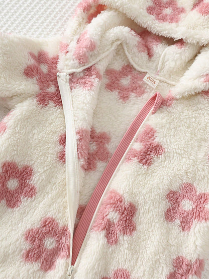 Cozy Pixies Baby Girl Floral Pattern Thermal Lined Thick Hooded Long Sleeve Winter Jumpsuit, Versatile And Comfortable