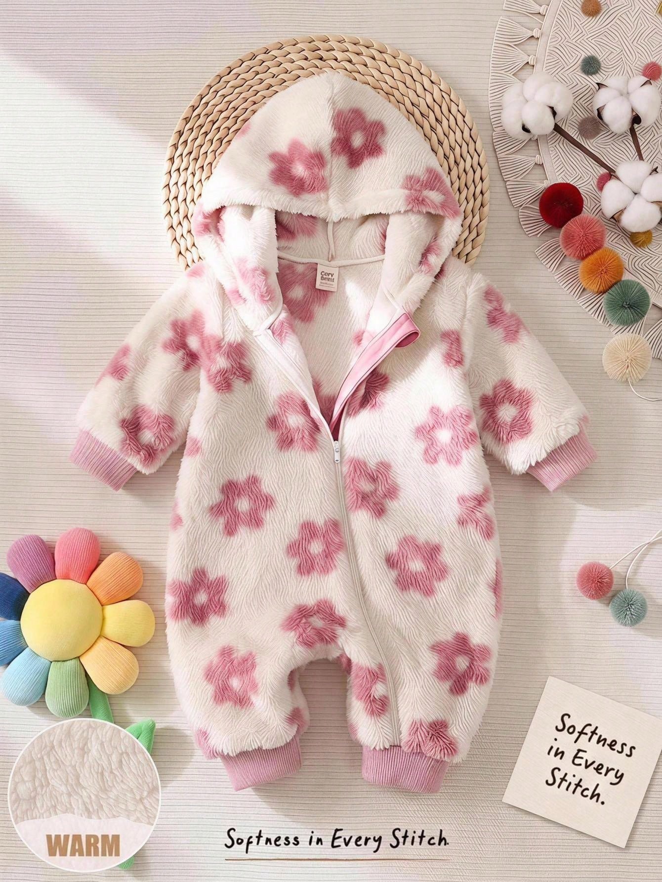 Cozy Pixies Baby Girl Floral Pattern Thermal Lined Thick Hooded Long Sleeve Winter Jumpsuit, Versatile And Comfortable