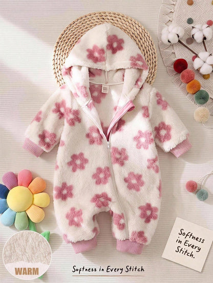 Cozy Pixies Baby Girl Floral Pattern Thermal Lined Thick Hooded Long Sleeve Winter Jumpsuit, Versatile And Comfortable