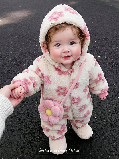 Cozy Pixies Baby Girl Floral Pattern Thermal Lined Thick Hooded Long Sleeve Winter Jumpsuit, Versatile And Comfortable