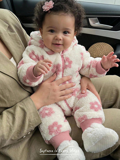 Cozy Pixies Baby Girl Floral Pattern Thermal Lined Thick Hooded Long Sleeve Winter Jumpsuit, Versatile And Comfortable