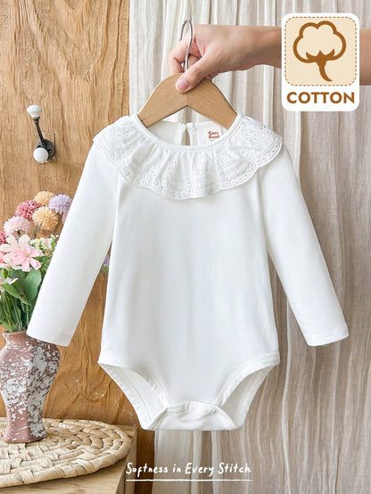 Cozy Pixies Babygirl Infant Long Sleeve Round Neck Drip Button Simple Casual Autumn Bodysuit Suitable For Daily Leisure, Travel, Camping And Wearing
