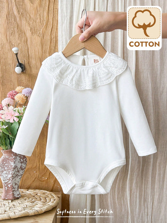 Cozy Pixies Babygirl Infant Long Sleeve Round Neck Drip Button Simple Casual Autumn Bodysuit Suitable For Daily Leisure, Travel, Camping And Wearing