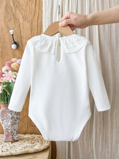 Cozy Pixies Babygirl Infant Long Sleeve Round Neck Drip Button Simple Casual Autumn Bodysuit Suitable For Daily Leisure, Travel, Camping And Wearing