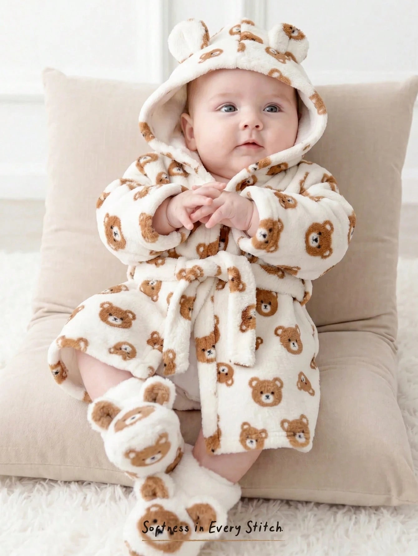 Cozy Pixies Newborn Baby Girl Cartoon Bear Pattern Hooded Long Sleeve Tie-Up Sleepwear Autumn Winter