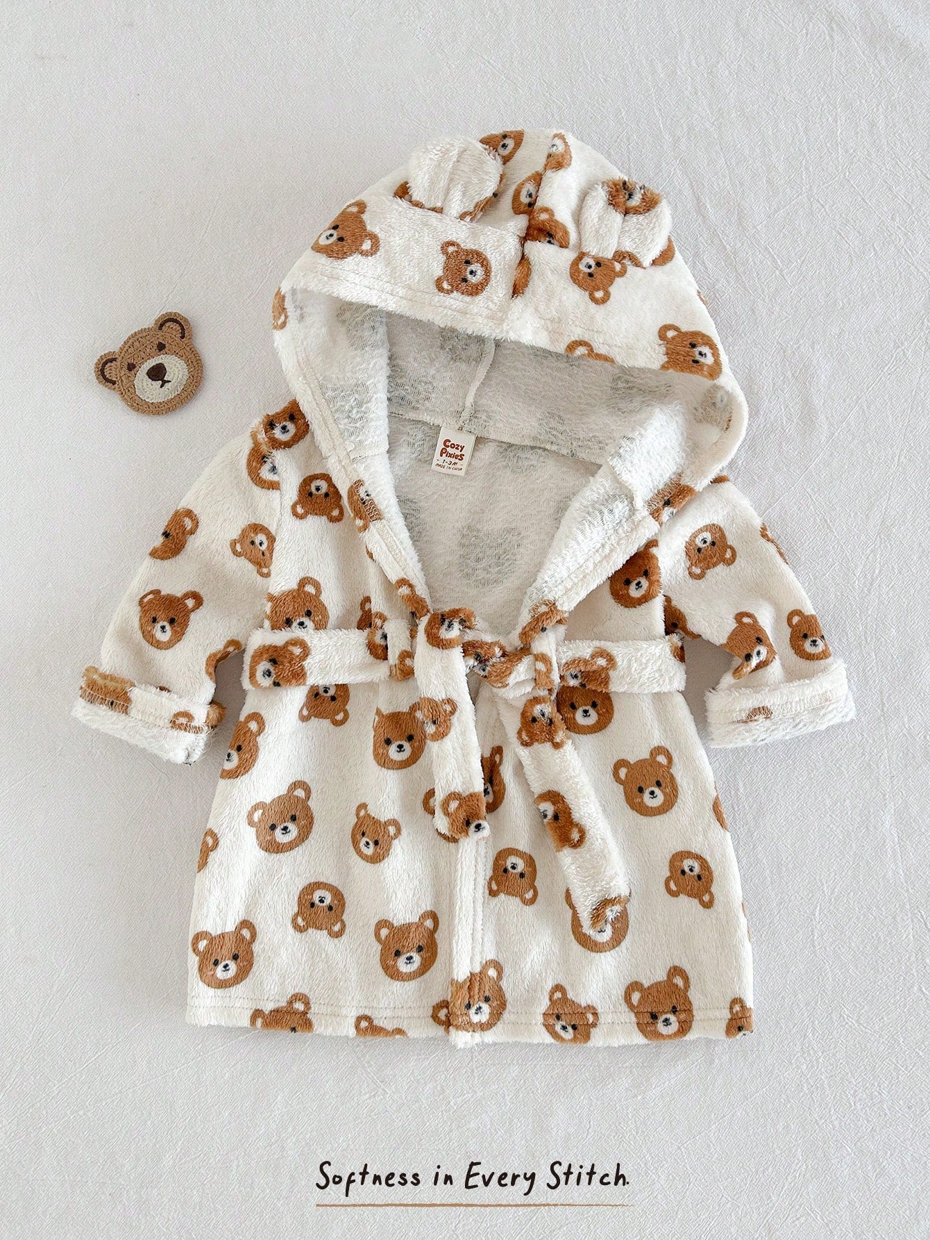 Cozy Pixies Newborn Baby Girl Cartoon Bear Pattern Hooded Long Sleeve Tie-Up Sleepwear Autumn Winter