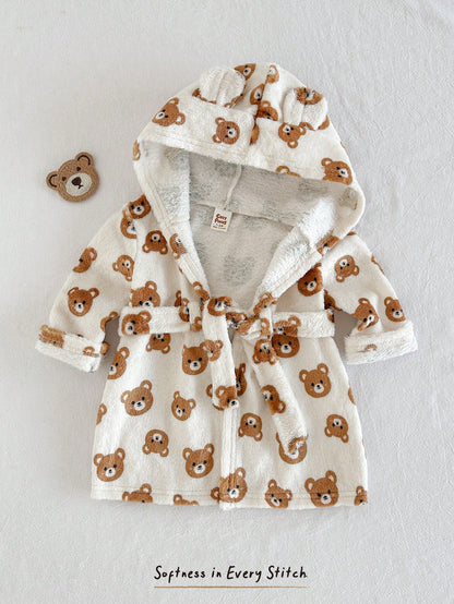 Cozy Pixies Newborn Baby Girl Cartoon Bear Pattern Hooded Long Sleeve Tie-Up Sleepwear Autumn Winter