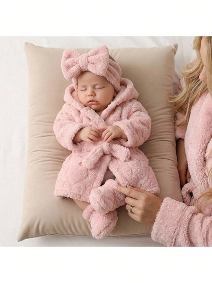 Cozy Pixies Newborn Baby Girl Cartoon Bear Pattern Hooded Long Sleeve Tie-Up Sleepwear Autumn Winter