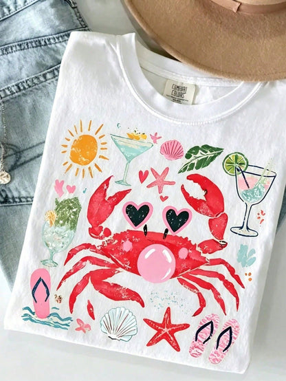 Crab Blowing Bubble-Shirt, Coastal Nautical Shirt Summer Trending Her, Cotton Fabric2026-Cute Clothes,Beach Vacation Outfits Woman