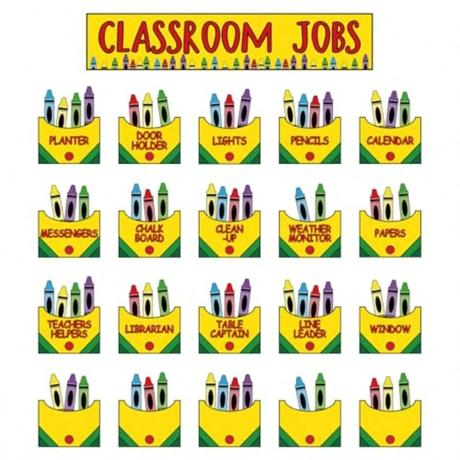 Crayon Class Jobs Bulletin Board Set Colorful Classroom Jobs Pocket Chart With Name Cards Teacher's Helper Chalkboard Decor For Back To School Teacher Students Supplies, 71Pcs