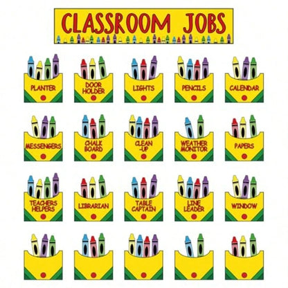 Crayon Class Jobs Bulletin Board Set Colorful Classroom Jobs Pocket Chart With Name Cards Teacher's Helper Chalkboard Decor For Back To School Teacher Students Supplies, 71Pcs