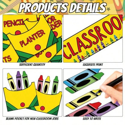 Crayon Class Jobs Bulletin Board Set Colorful Classroom Jobs Pocket Chart With Name Cards Teacher's Helper Chalkboard Decor For Back To School Teacher Students Supplies, 71Pcs