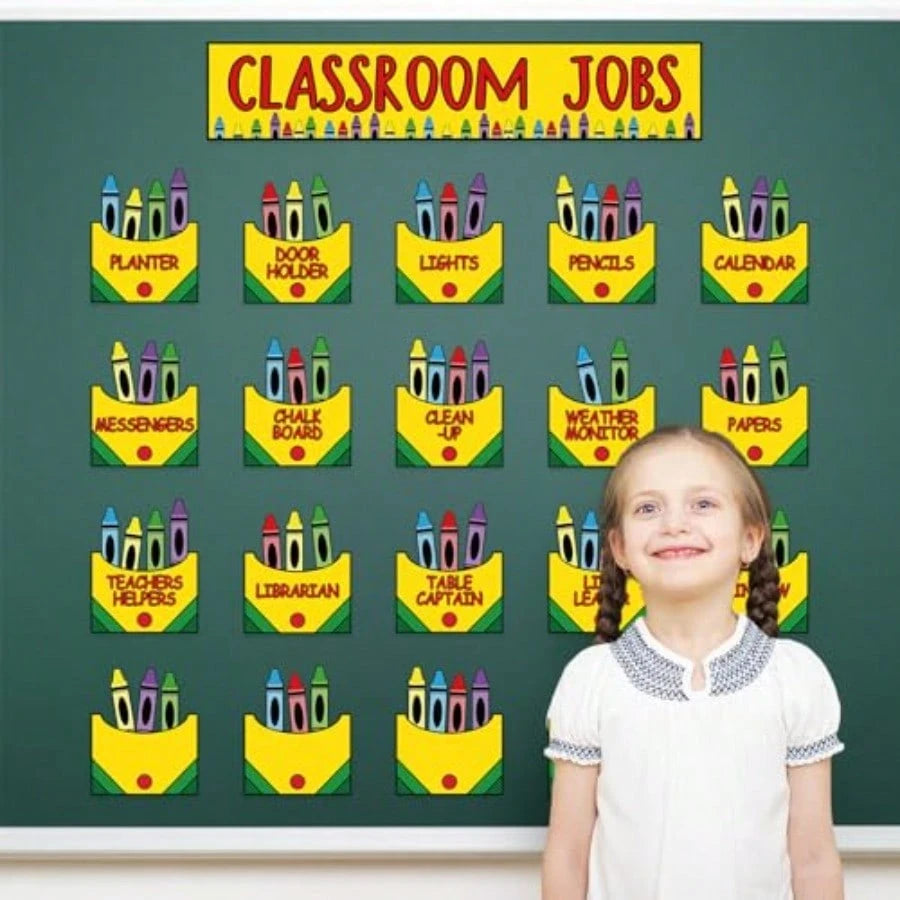 Crayon Class Jobs Bulletin Board Set Colorful Classroom Jobs Pocket Chart With Name Cards Teacher's Helper Chalkboard Decor For Back To School Teacher Students Supplies, 71Pcs
