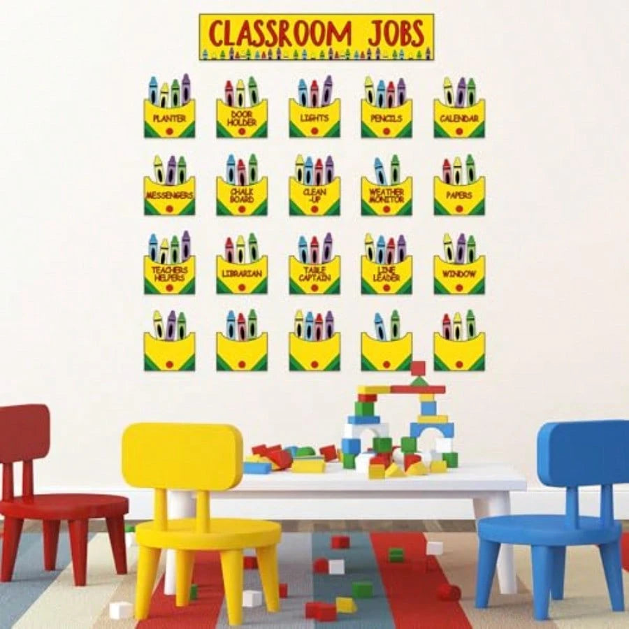 Crayon Class Jobs Bulletin Board Set Colorful Classroom Jobs Pocket Chart With Name Cards Teacher's Helper Chalkboard Decor For Back To School Teacher Students Supplies, 71Pcs