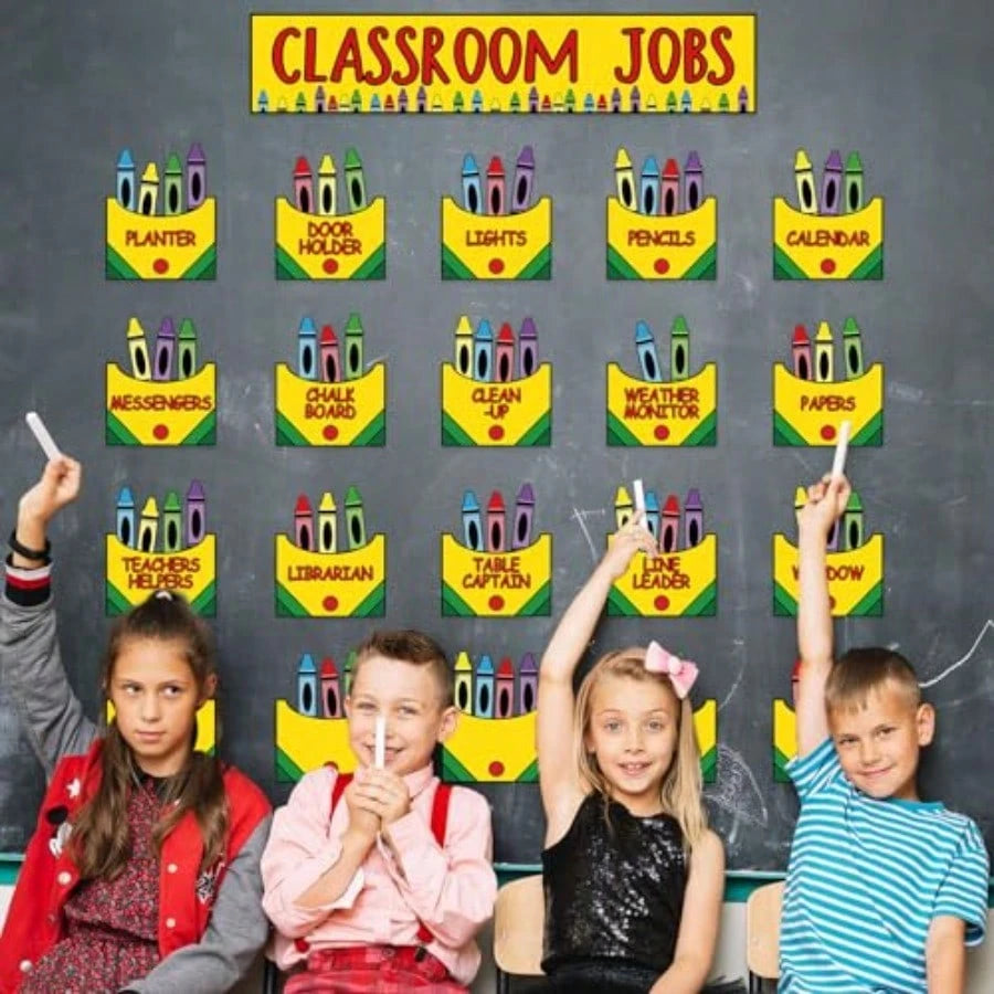 Crayon Class Jobs Bulletin Board Set Colorful Classroom Jobs Pocket Chart With Name Cards Teacher's Helper Chalkboard Decor For Back To School Teacher Students Supplies, 71Pcs