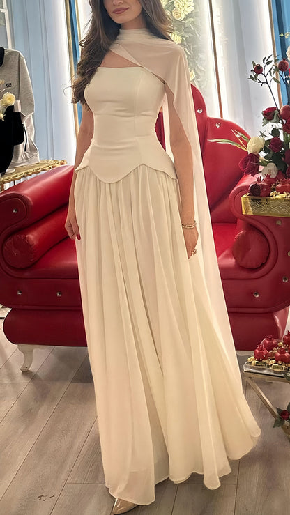 Cream White Chiffon Long Prom Dresses Full Length Evening Party Dress,AST2165